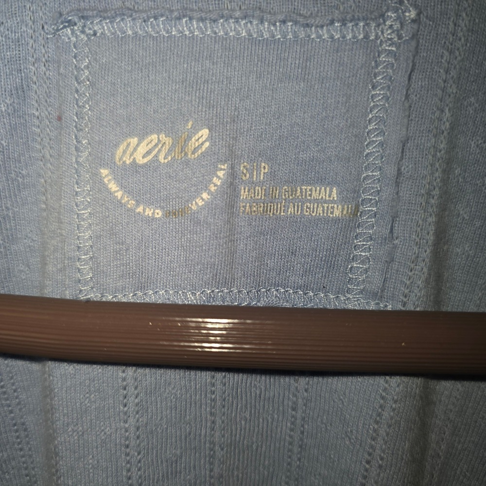 Aerie Women Blue Ribbed Button‎ Front Tie Neck Short Sleeve Top 078-5496-3833 S - Picture 5 of 7
